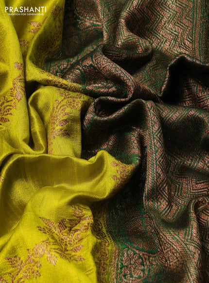 Banarasi raw silk saree lime yellow and bottle green with allover thread & zari weaves and woven border
