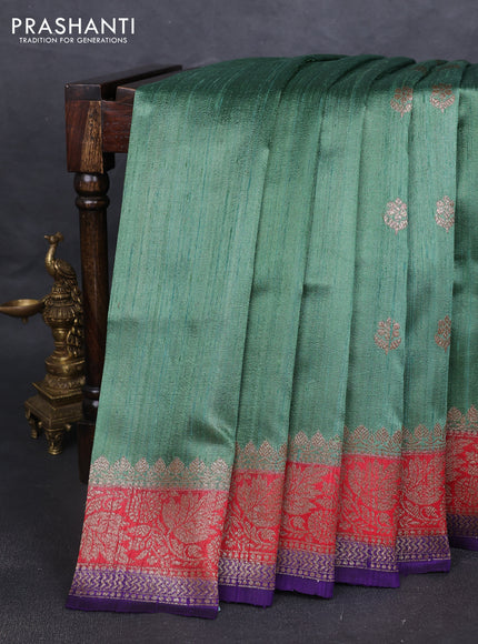 Banarasi raw silk saree pastel green and maroon violet with thread & zari woven buttas and woven border