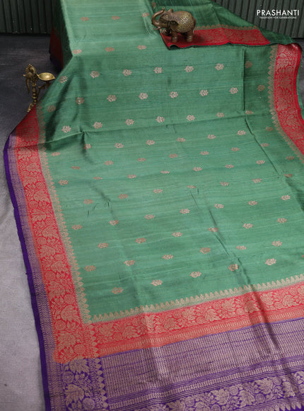 Banarasi raw silk saree pastel green and maroon violet with thread & zari woven buttas and woven border