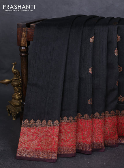 Banarasi raw silk saree black and maroon wine shade with thread & zari woven buttas and woven border