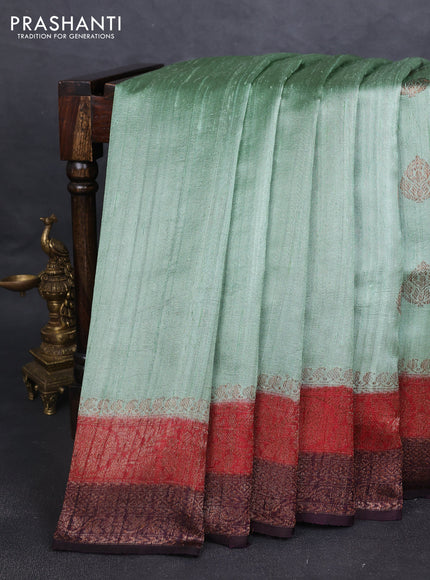 Banarasi raw silk saree pastel green and maroon wine shade with thread & zari woven buttas and woven border