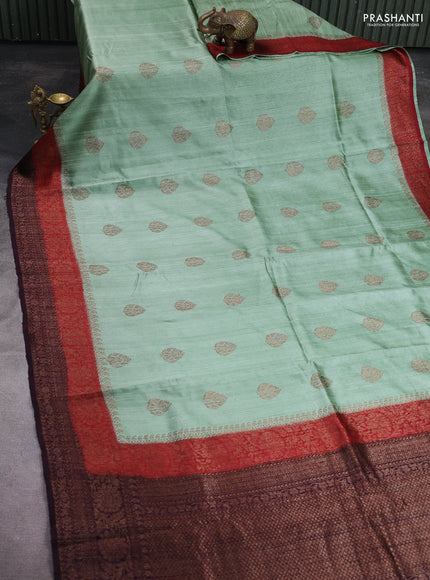 Banarasi raw silk saree pastel green and maroon wine shade with thread & zari woven buttas and woven border