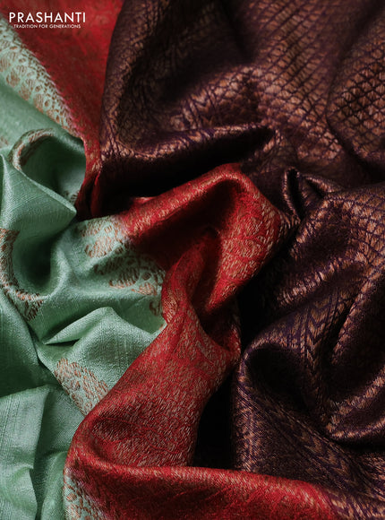 Banarasi raw silk saree pastel green and maroon wine shade with thread & zari woven buttas and woven border