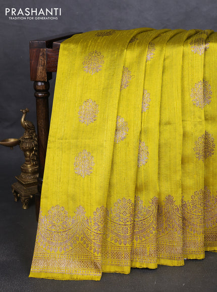Banarasi raw silk saree lime yellow with thread & zari woven buttas and woven border