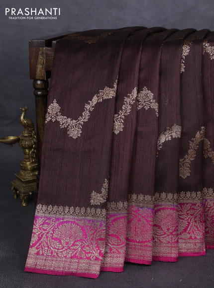 Banarasi raw silk saree coffee brown and magenta pink with allover thread & zari weaves and woven border