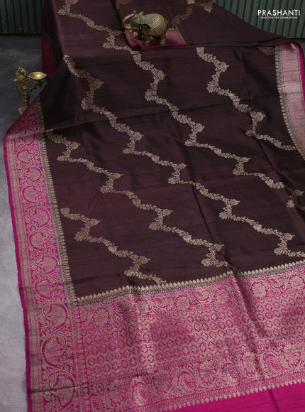 Banarasi raw silk saree coffee brown and magenta pink with allover thread & zari weaves and woven border