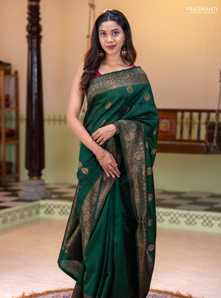 Banarasi raw silk saree bottle green and pink with thread & zari woven buttas and long woven border