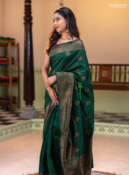 Banarasi raw silk saree bottle green and pink with thread & zari woven buttas and long woven border