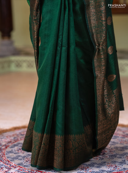 Banarasi raw silk saree bottle green and pink with thread & zari woven buttas and long woven border