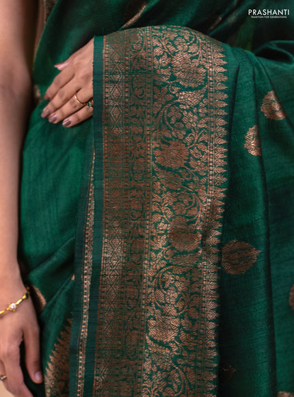 Banarasi raw silk saree bottle green and pink with thread & zari woven buttas and long woven border