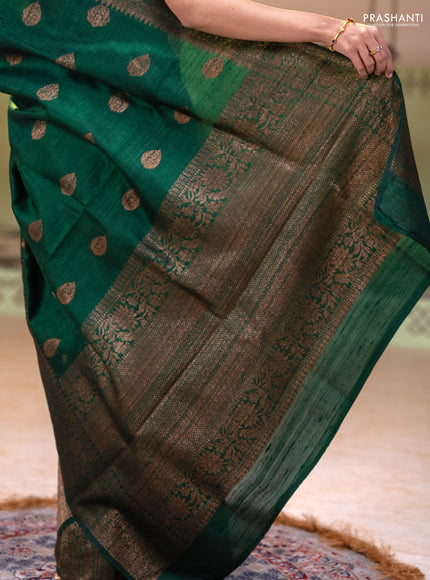 Banarasi raw silk saree bottle green and pink with thread & zari woven buttas and long woven border