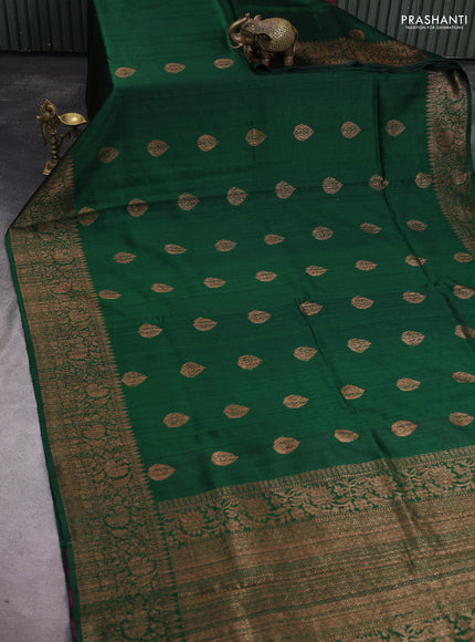 Banarasi raw silk saree bottle green and pink with thread & zari woven buttas and long woven border