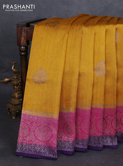 Banarasi raw silk saree yellow and pink violet with thread & zari woven buttas and long woven border