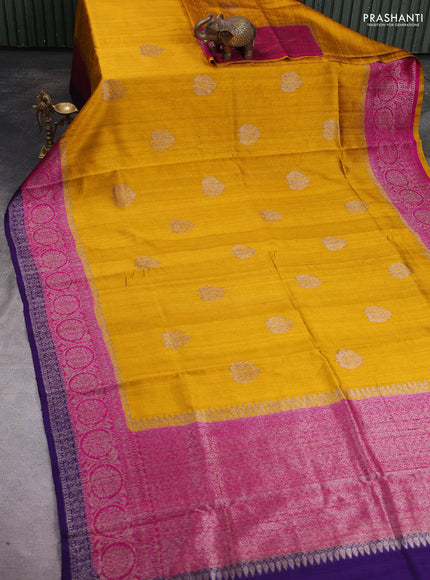 Banarasi raw silk saree yellow and pink violet with thread & zari woven buttas and long woven border
