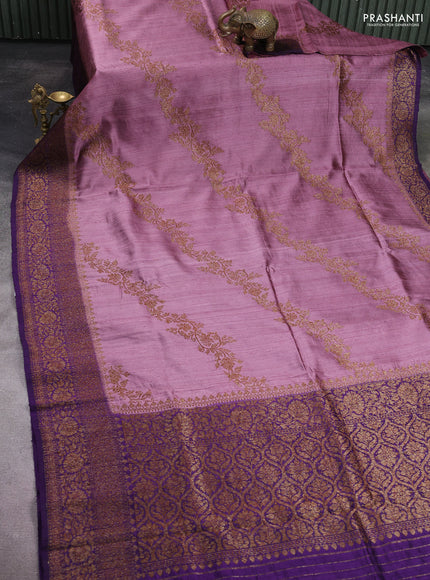 Banarasi raw silk saree pastel pink and violet with allover thread & zari weaves and long woven border
