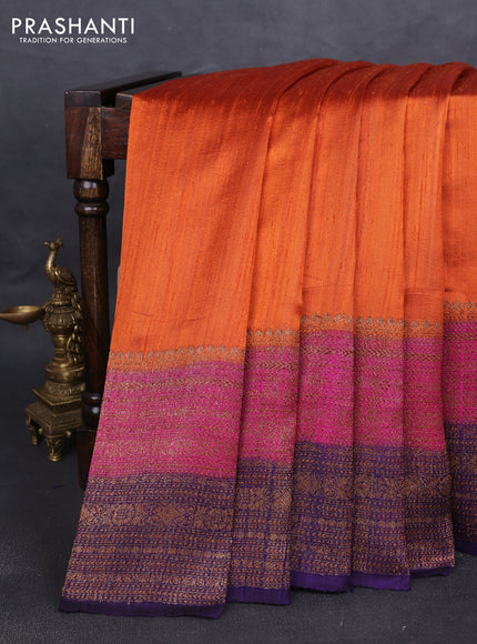 Banarasi raw silk saree orange and pink violet with plain body and long woven border