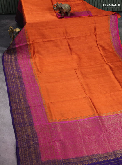 Banarasi raw silk saree orange and pink violet with plain body and long woven border