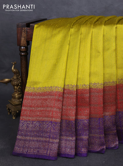 Banarasi raw silk saree lime yellow and maroon violet with plain body and long woven border