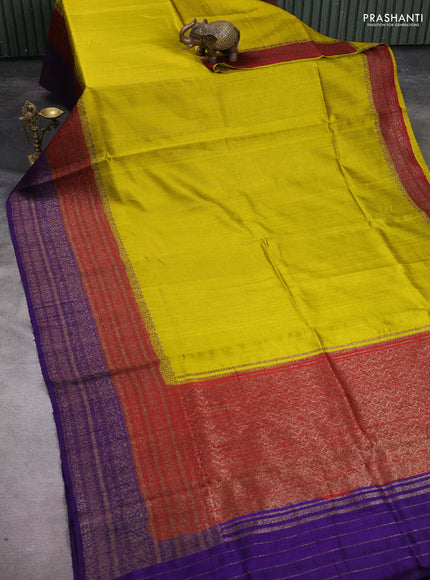 Banarasi raw silk saree lime yellow and maroon violet with plain body and long woven border