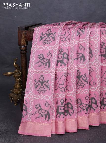 Munga tussar silk saree light pink with allover patola prints and zari woven border