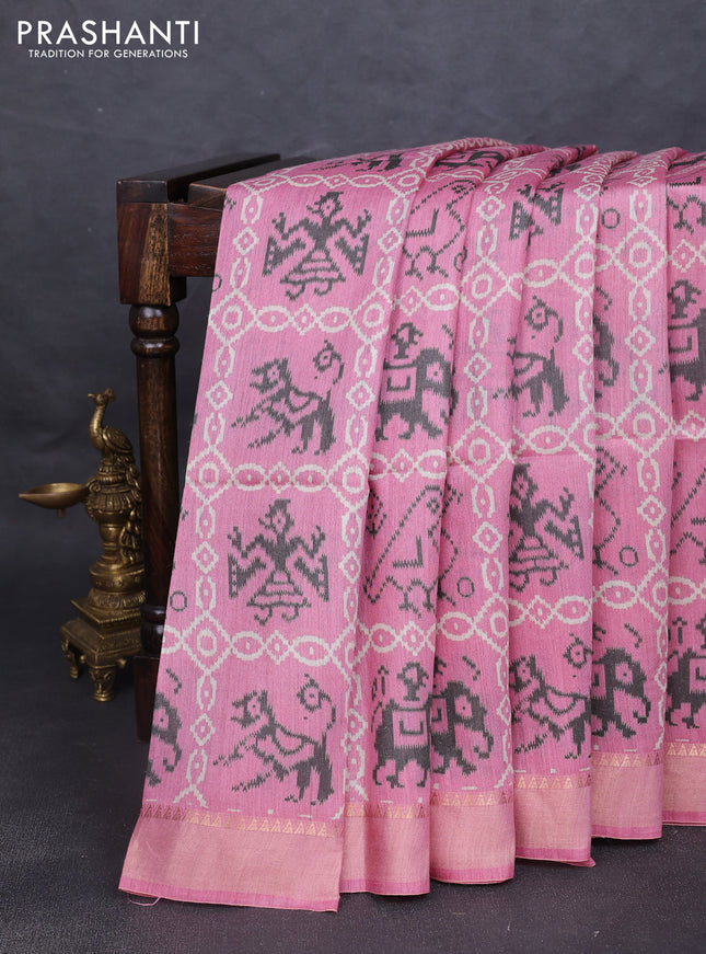 Munga tussar silk saree light pink with allover patola prints and zari woven border