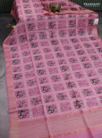 Munga tussar silk saree light pink with allover patola prints and zari woven border