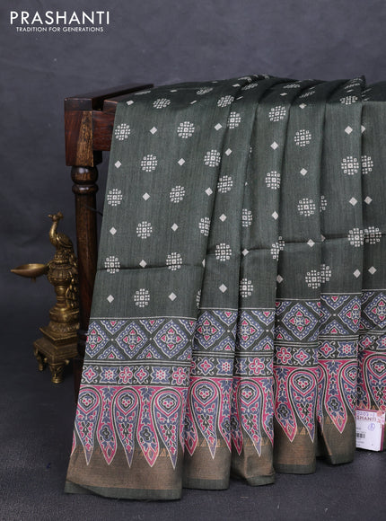 Munga tussar silk saree greyish green with allover butta prints and ajrakh printed pallu