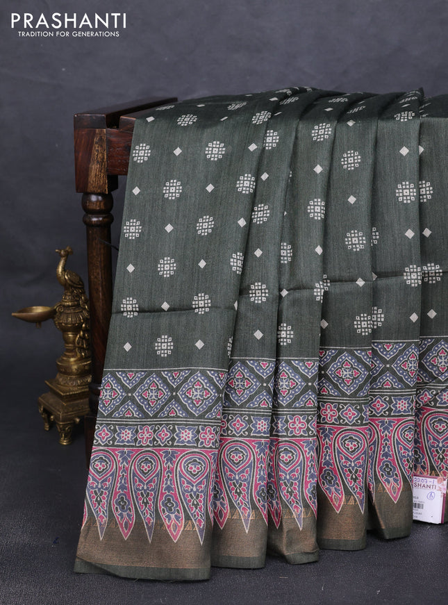 Munga tussar silk saree greyish green with allover butta prints and ajrakh printed pallu