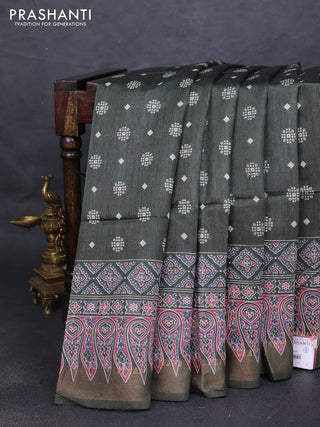 Munga tussar silk saree greyish green with allover butta prints and ajrakh printed pallu
