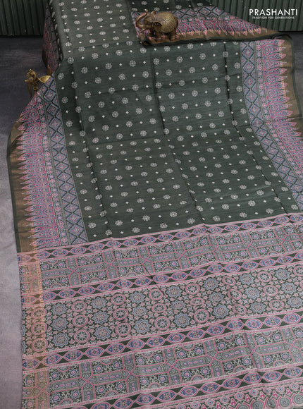 Munga tussar silk saree greyish green with allover butta prints and ajrakh printed pallu