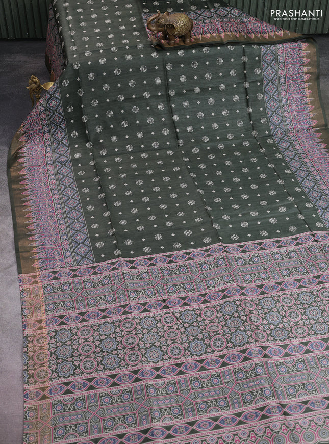 Munga tussar silk saree greyish green with allover butta prints and ajrakh printed pallu