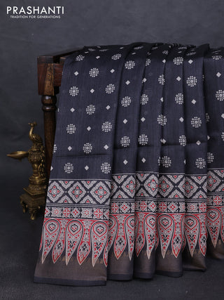 Munga tussar silk saree black with allover butta prints and ajrakh printed pallu