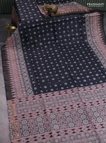Munga tussar silk saree black with allover butta prints and ajrakh printed pallu