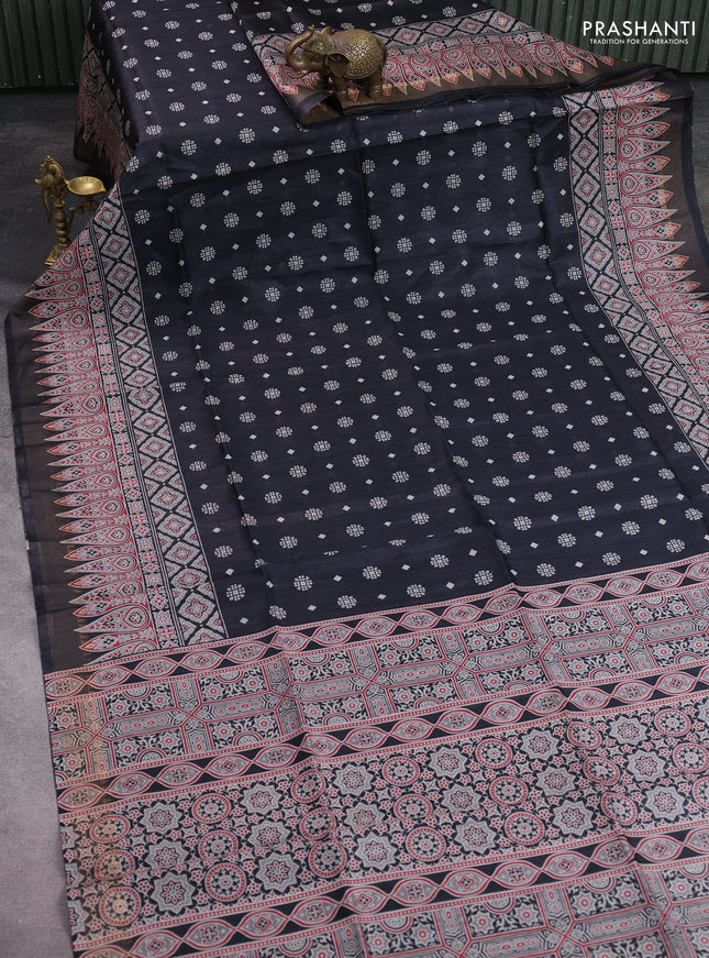 Munga tussar silk saree black with allover butta prints and ajrakh printed pallu