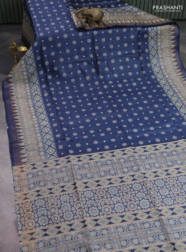 Munga tussar silk saree dark peacock blue with allover butta prints and ajrakh printed pallu