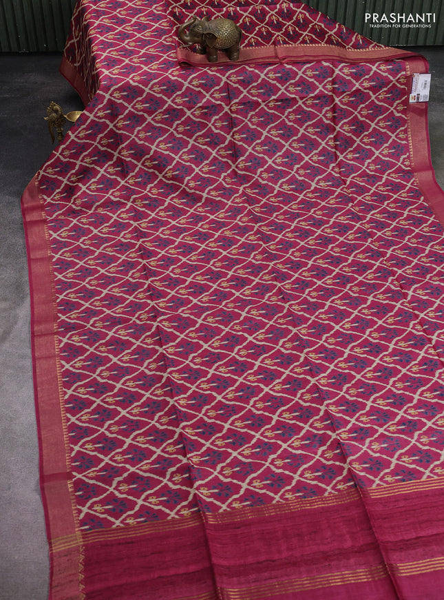 Munga tussar silk saree maroon with allover patola prints and zari woven border