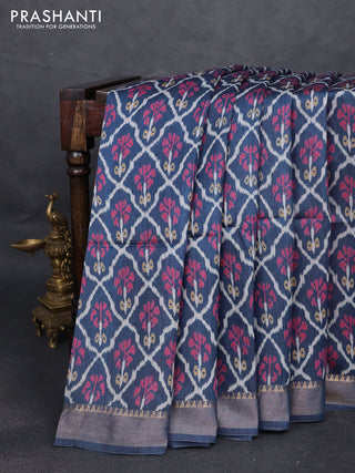 Munga tussar silk saree navy blue with allover patola prints and zari woven border