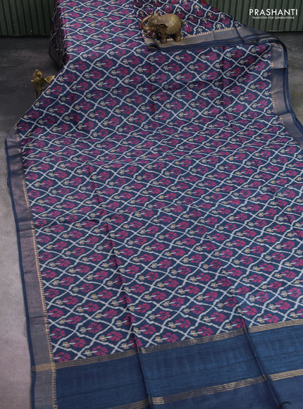 Munga tussar silk saree navy blue with allover patola prints and zari woven border