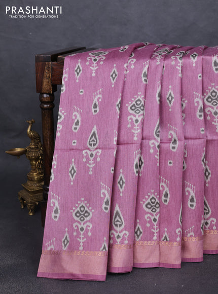 Munga tussar silk saree mauve pink with allover ikat butta prints and zari woven border