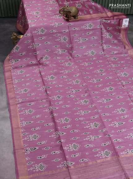 Munga tussar silk saree mauve pink with allover ikat butta prints and zari woven border
