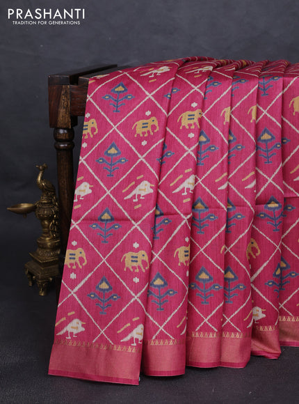 Munga tussar silk saree dark pink with allover patola prints and zari woven border