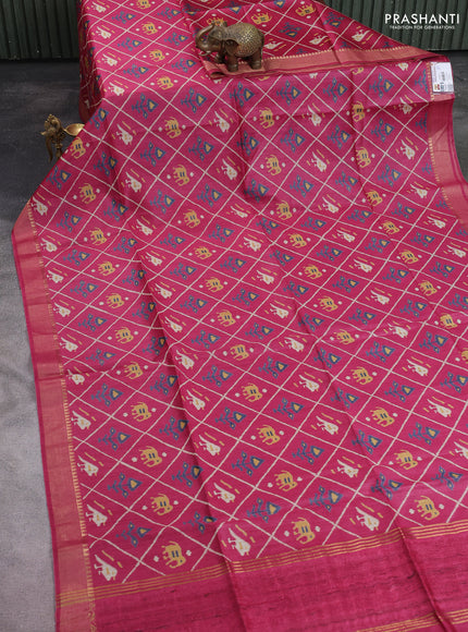 Munga tussar silk saree dark pink with allover patola prints and zari woven border