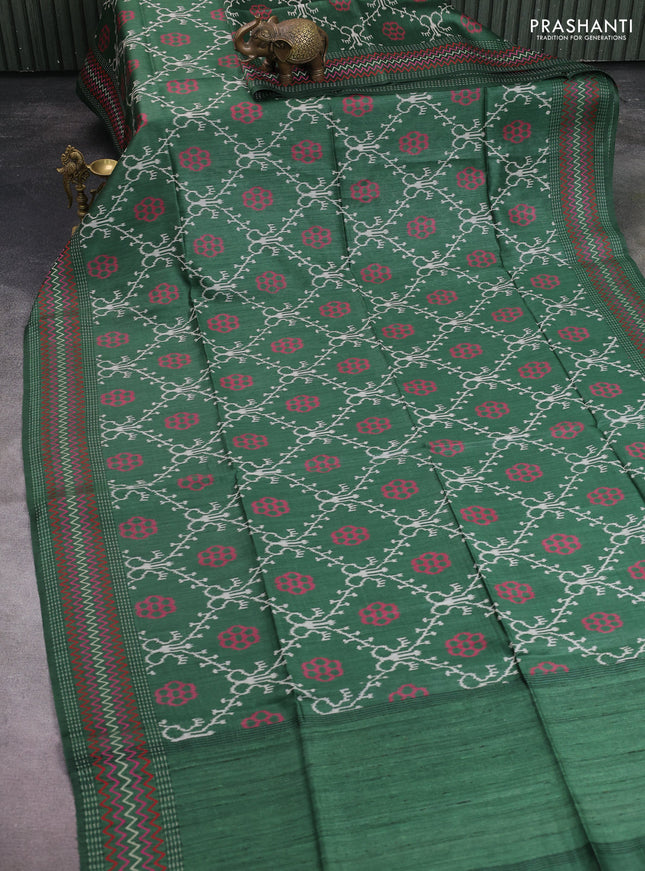 Munga tussar silk saree green with allover patola prints and thread woven border