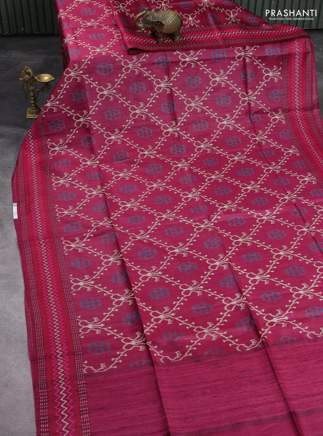 Munga tussar silk saree dark pink with allover patola prints and thread woven border