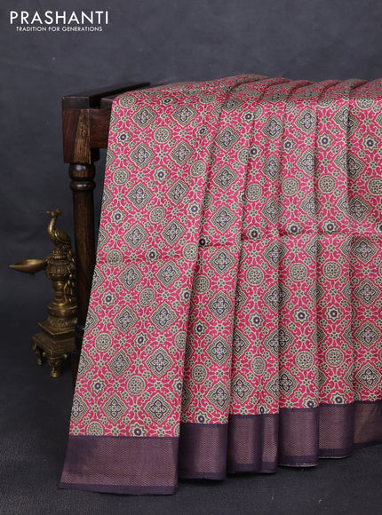 Munga tussar silk saree pink and deep wine shade with allover ajrakh prints and zari woven border