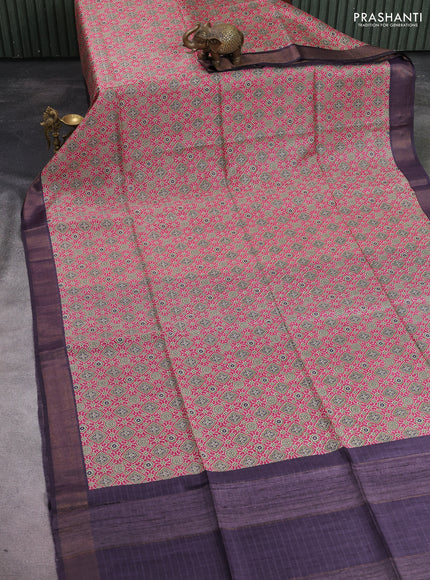 Munga tussar silk saree pink and deep wine shade with allover ajrakh prints and zari woven border