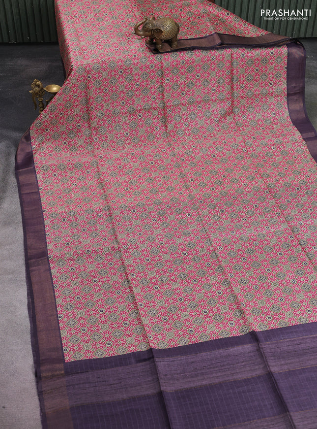 Munga tussar silk saree pink and deep wine shade with allover ajrakh prints and zari woven border