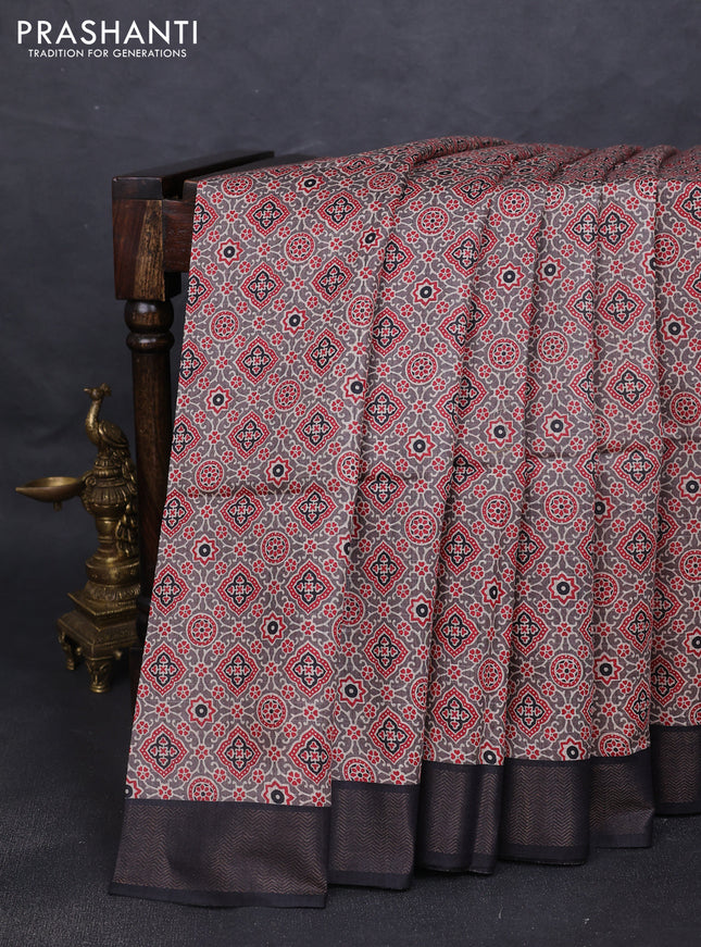 Munga tussar silk saree grey red and black with allover ajrakh prints and zari woven border