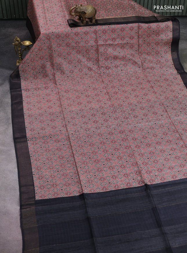 Munga tussar silk saree grey red and black with allover ajrakh prints and zari woven border