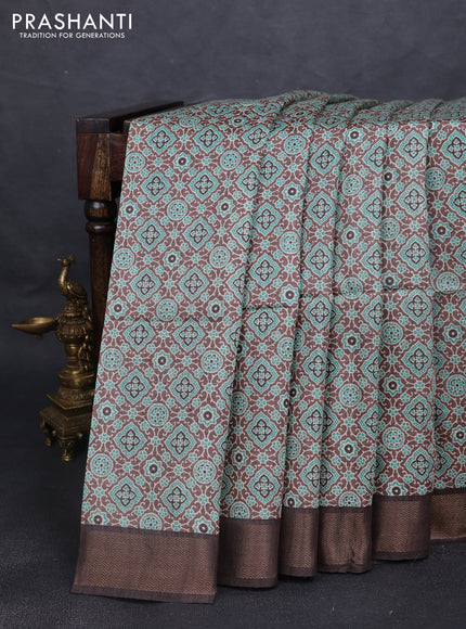 Munga tussar silk saree pastel brown teal blue and coffee brown with allover ajrakh prints and zari woven border